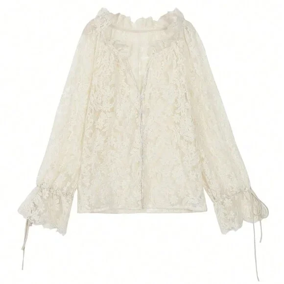 Apricot Casual Women's Elegant  Lace Sheer long sleeve Blouse - Picture 5 of 9